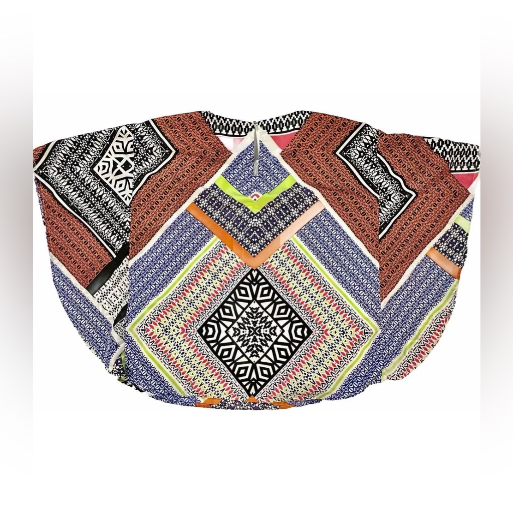 Red Ranch Winged Blouse Colorful Geometric Designs Boho Batwing Size S Pre-Owned